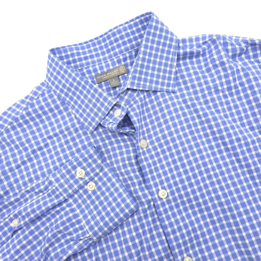 Peter Millar‎ Summer Comfort Shirt Men's L Blue Check Button Golf Pride Grips